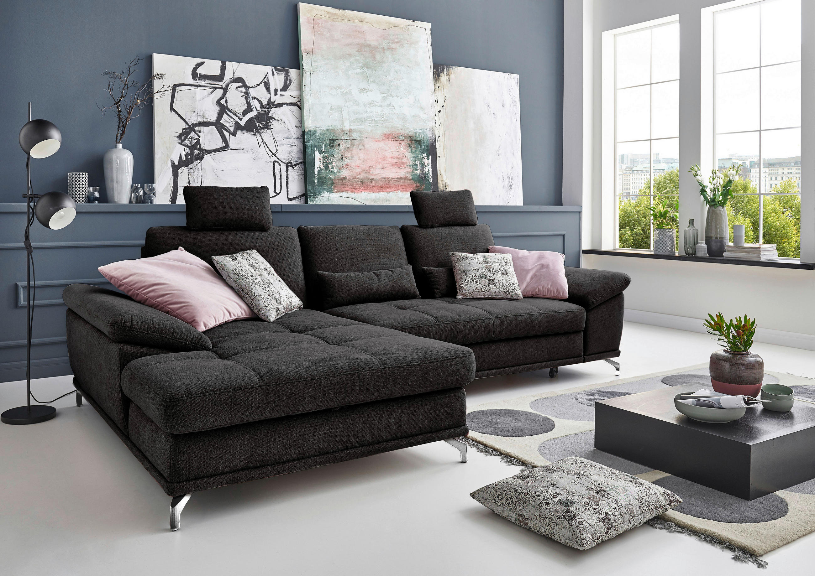 ECKSOFA Schwarz Flachgewebe Bettkasten, Schlaffunktion, Sitztiefenverstellung, Kopfstütze, Liegefläche im Originalstoff  - Silberfarben/Schwarz, KONVENTIONELL, Textil/Metall (176/301cm) - Sit & More