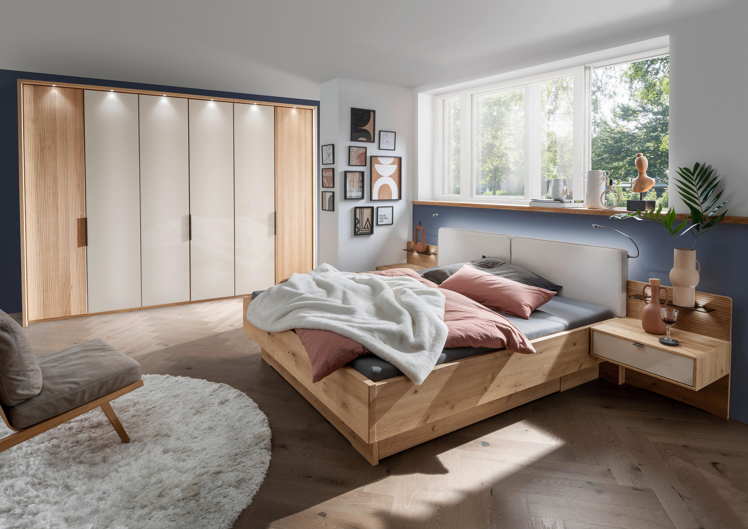 SET KREVETA I NOĆNIH ORMARIĆA   180/200 cm   boje šampanjca, hrast Bianco  - hrast Bianco/boje šampanjca, Konvencionalno, drvni materijal/drvo (180/200cm) - Venda