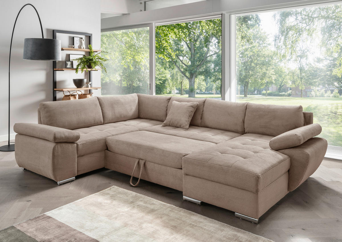 Wohnlandschaft tekstil  sivo-smeđa   - sivo-smeđa/boje kroma, Konvencionalno, tekstil/metal (219/305/157cm) - Livetastic