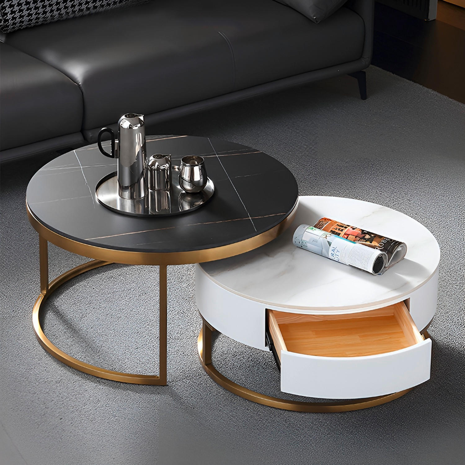 COUCHTISCHSET 70-80/70-80/31-39 cm rund Schwarz, Weiß, Goldfarben  - Goldfarben/Schwarz, Design, Holzwerkstoff/Stein (70-80/70-80/31-39cm) - Modante