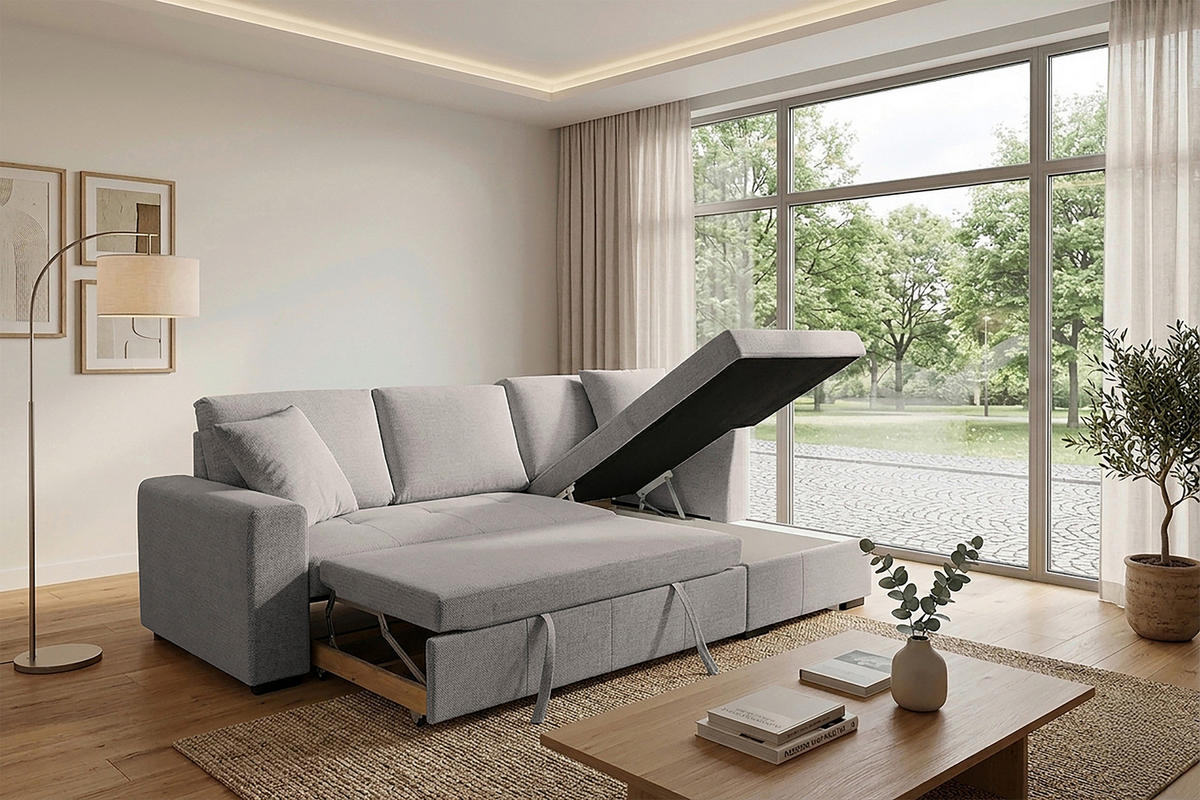 ECKSOFA LUKAS Graubraun Struktur Zierkissen, Bettkasten  - Graubraun, Trend, Textil (239/158cm) - P & B