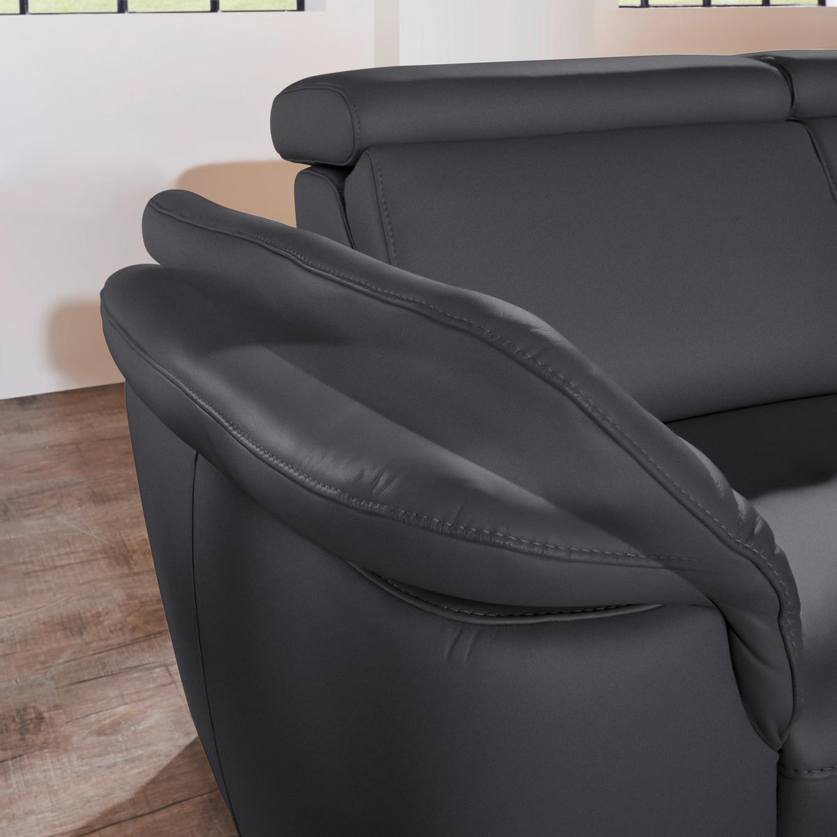 ECKSOFA in Echtleder Schwarz  - Alufarben/Schwarz, Design, Leder/Metall (271/239cm) - Cantus