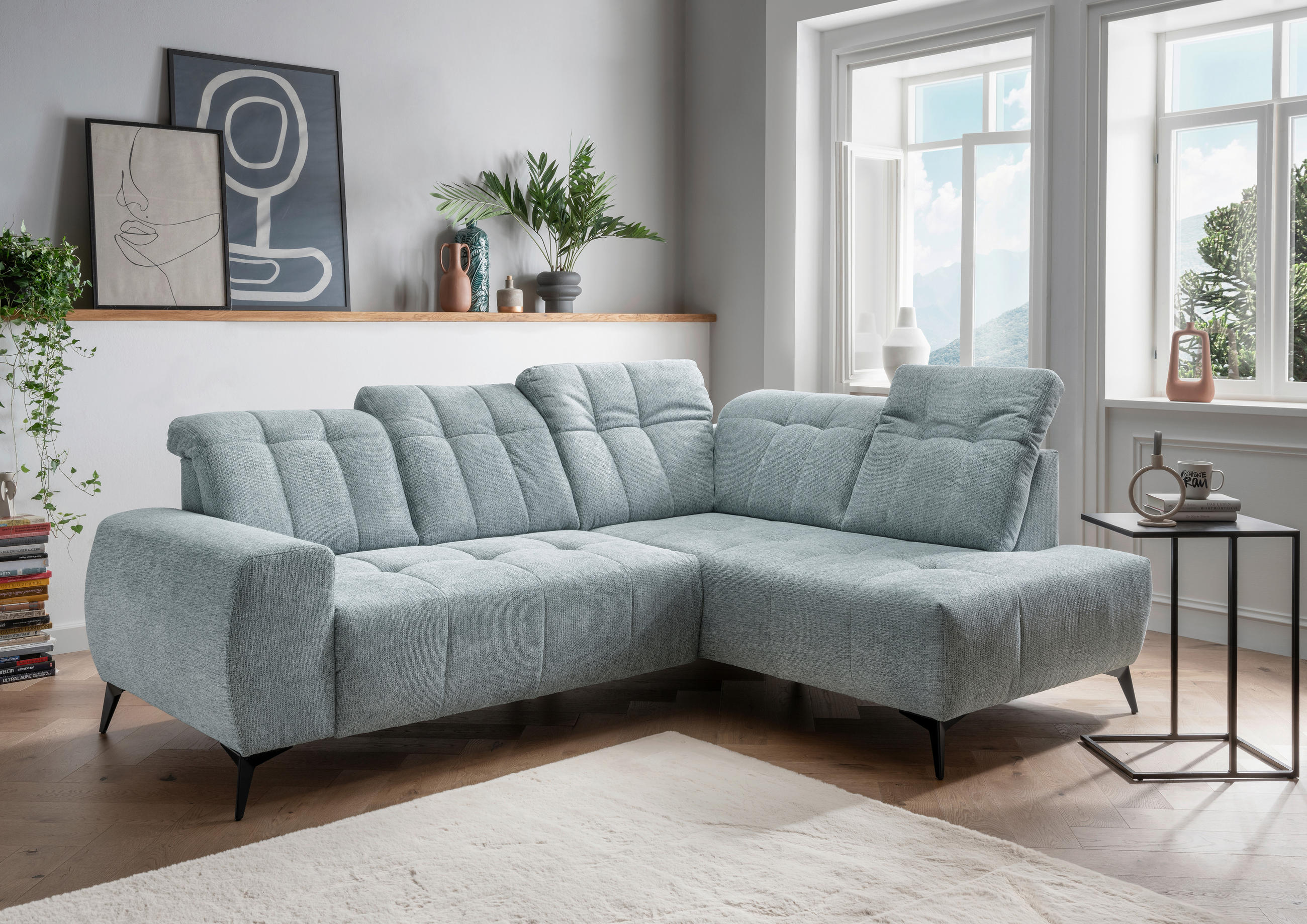 ECKSOFA in Chenille Mintgrün  - Schwarz/Mintgrün, Modern, Textil/Metall (261/200cm) - Livetastic