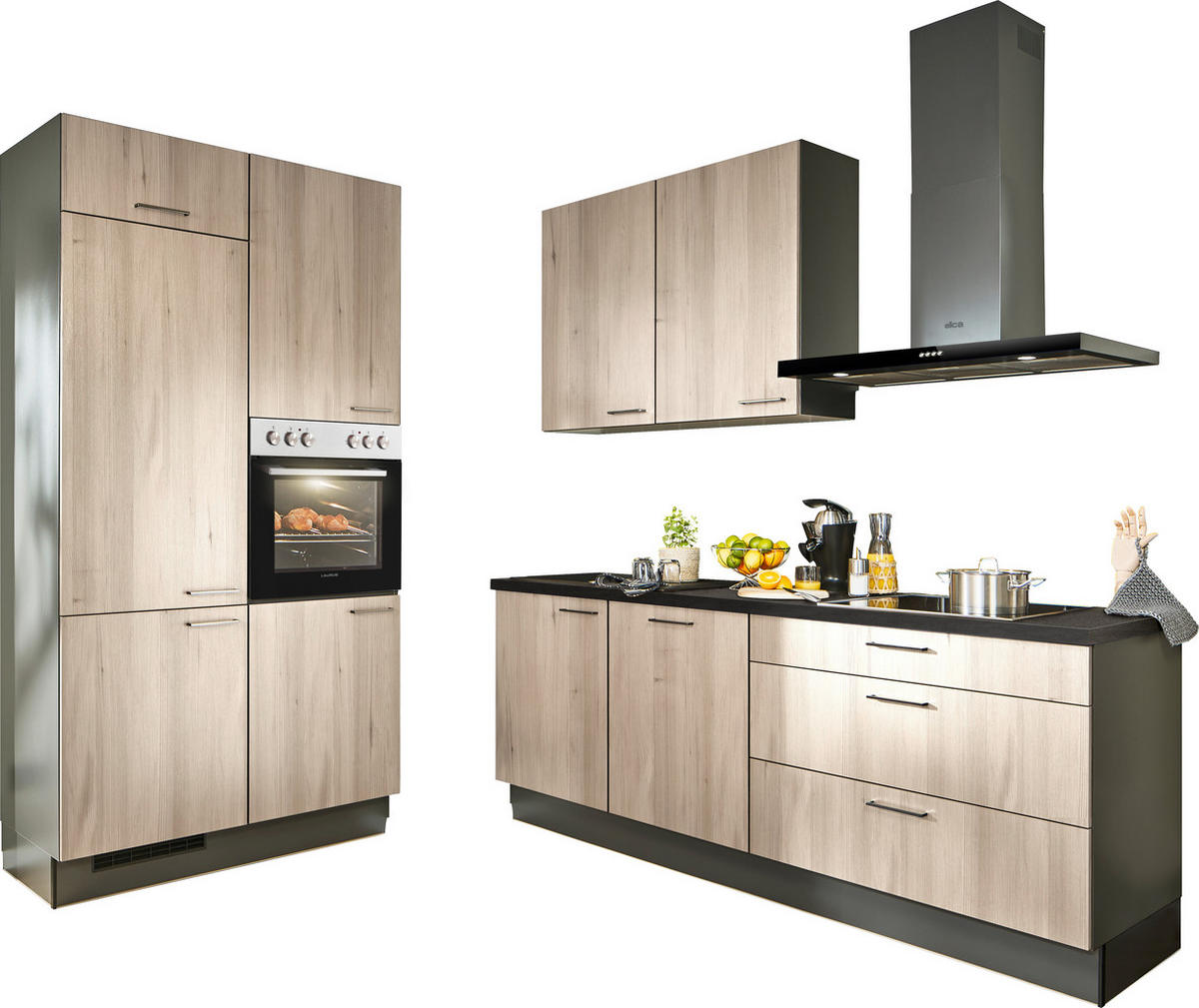 ECKKÜCHE 120/220 cm  in Graphitfarben, Schwarz, Tannenholzfarben  - Tannenholzfarben/Schwarz, Design, Holzwerkstoff/Metall (120/220cm) - Xora