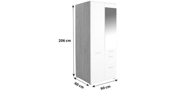 Drehtürenschrank mit Spiegel + Laden 90cm Avensis New, Weiß - Eichefarben/Weiß, KONVENTIONELL, Holzwerkstoff (90/205,7/60cm) - Luca Bessoni