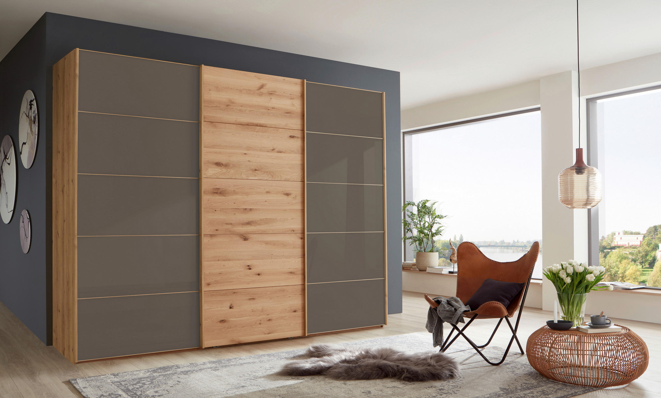 Thumbnail - Linea Natura Schwebetürenschrank, Dunkelbraun, Eiche Bianco, Holzwerkstoff, Eiche, teilmassiv, 300x236x67 cm, ISO 9001, ...