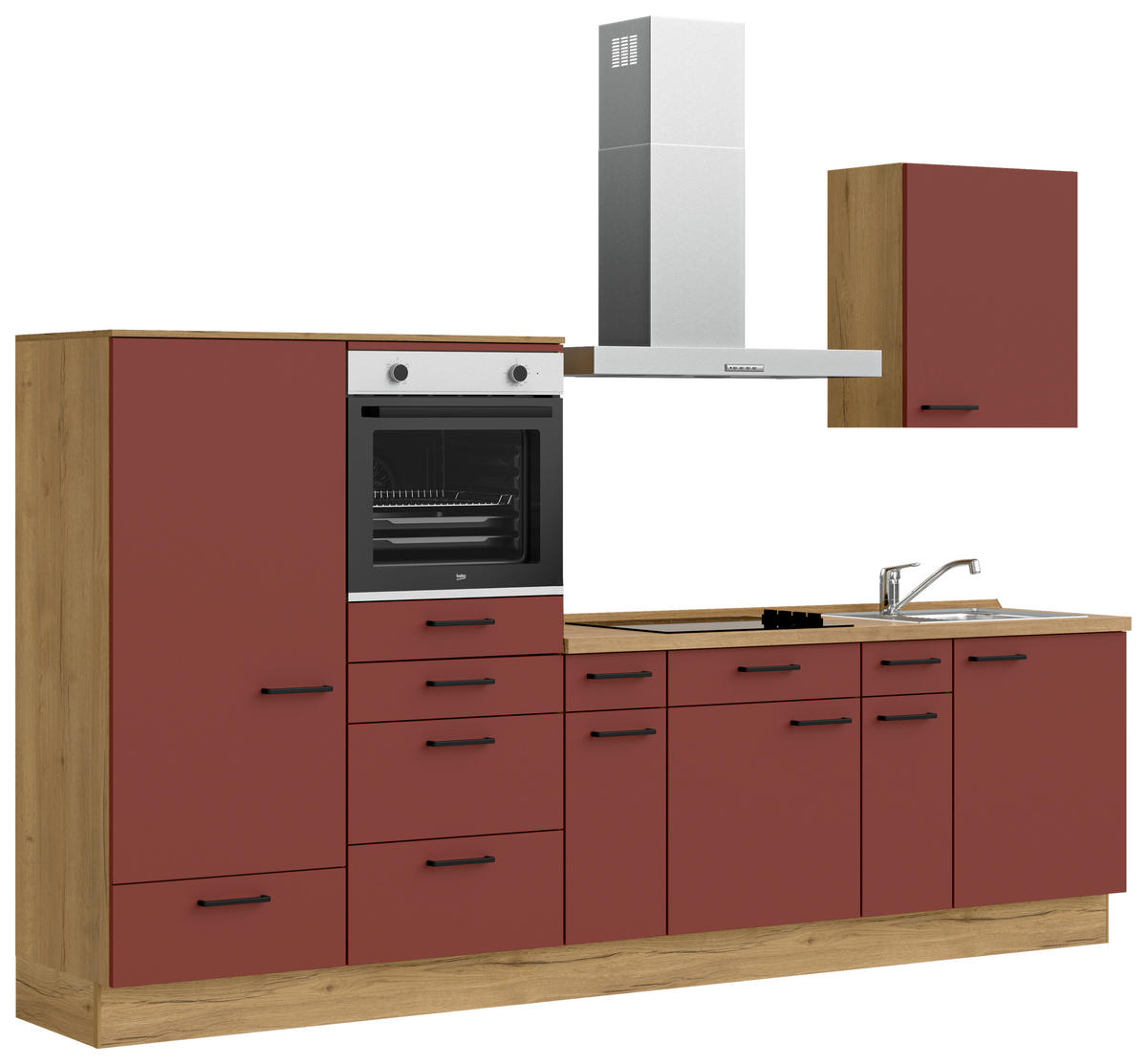 KÜCHENLEERBLOCK 300 cm   in Rot, Eichefarben  - Eichefarben/Rot, MODERN, Holzwerkstoff/Metall (300cm) - Nobilia