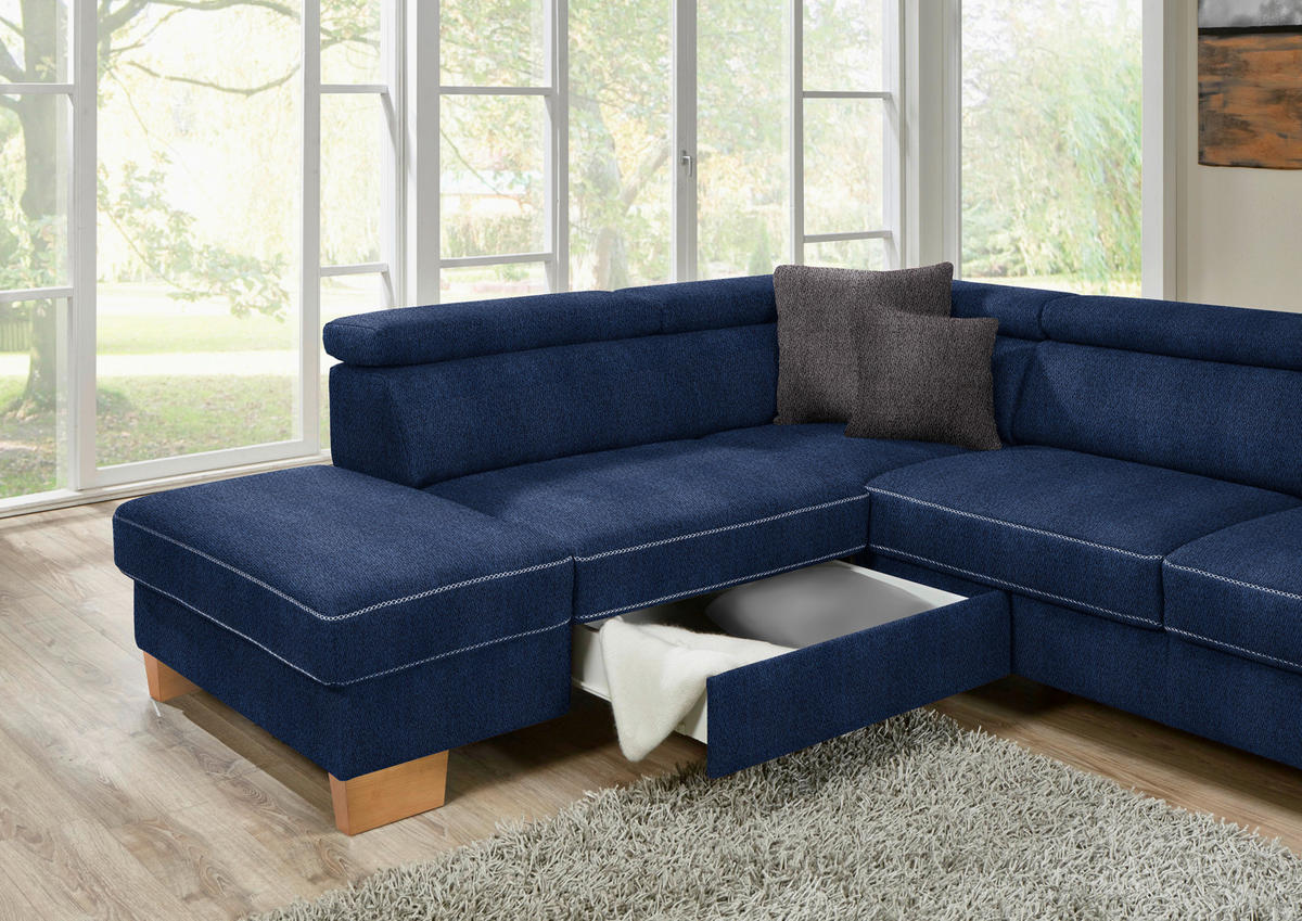 ECKSOFA in Mikrofaser Dunkelblau  273/226 cm  - Eichefarben/Beige, Natur, Holz/Textil (273/226cm) - Beldomo System