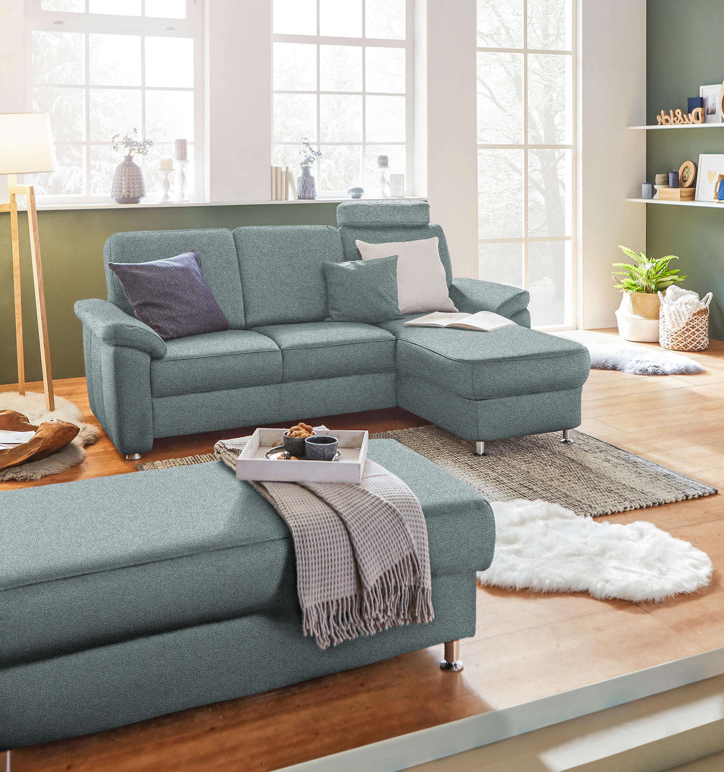 ECKSOFA in Webstoff Salbeigrün  - Chromfarben/Salbeigrün, Konventionell, Textil/Metall (220/163cm) - Beldomo System