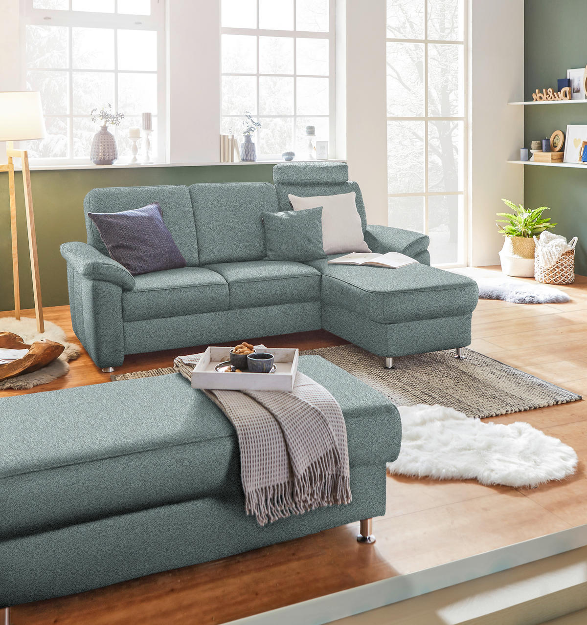 ECKSOFA in Webstoff Salbeigrün  - Chromfarben/Salbeigrün, Konventionell, Textil/Metall (220/163cm) - Beldomo System