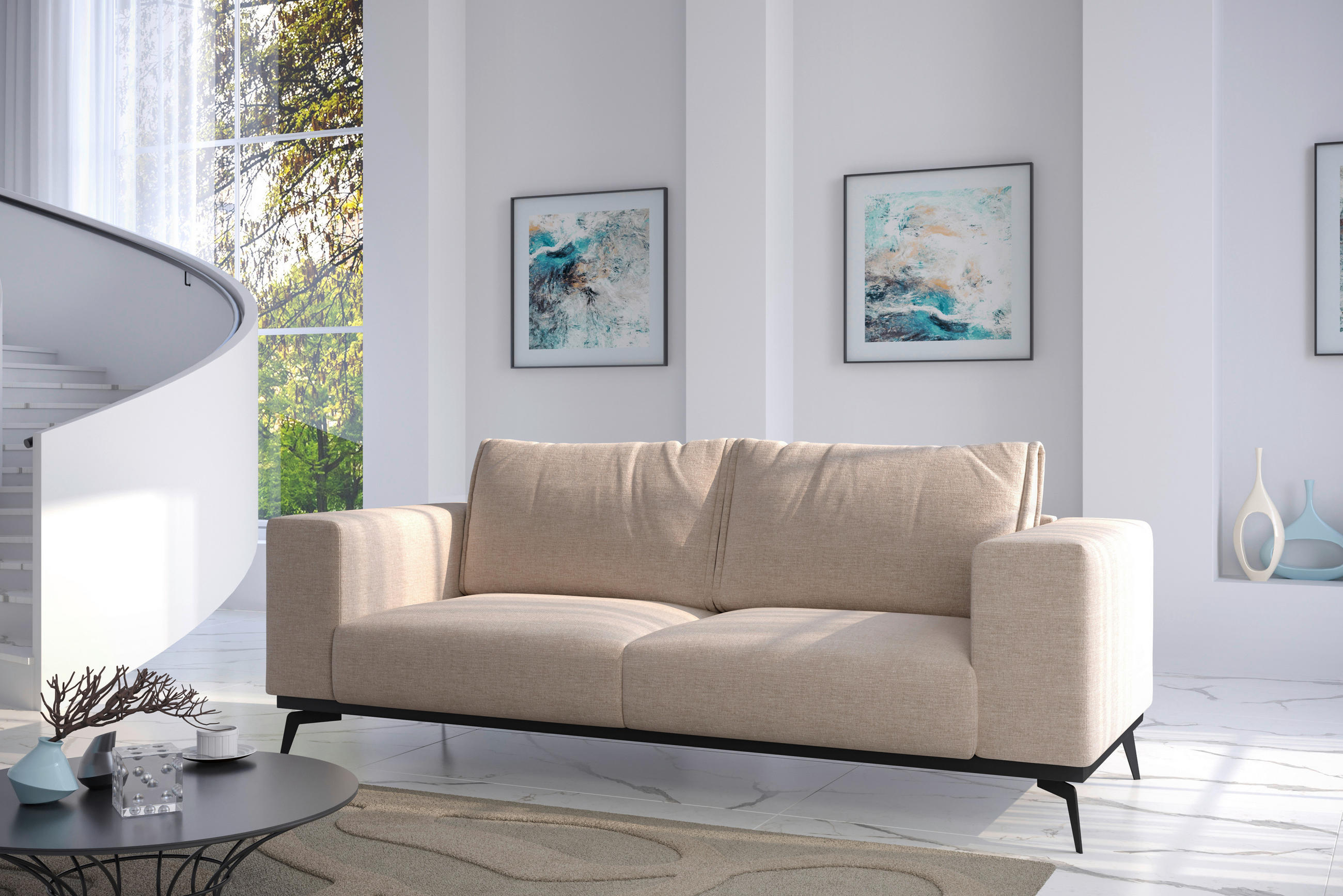 2-SITZER-SOFA in beflockt Beige  - Beige/Creme, Design, Holz/Textil (250/87/95cm) - MID.YOU