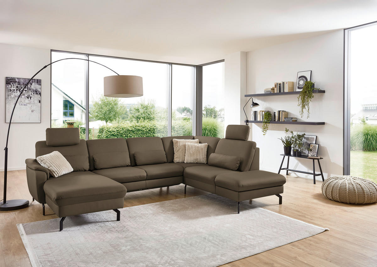 WOHNLANDSCHAFT Echtleder Graubraun  - Graubraun/Schwarz, Konventionell, Leder/Metall (168/306/224cm) - Beldomo Premium