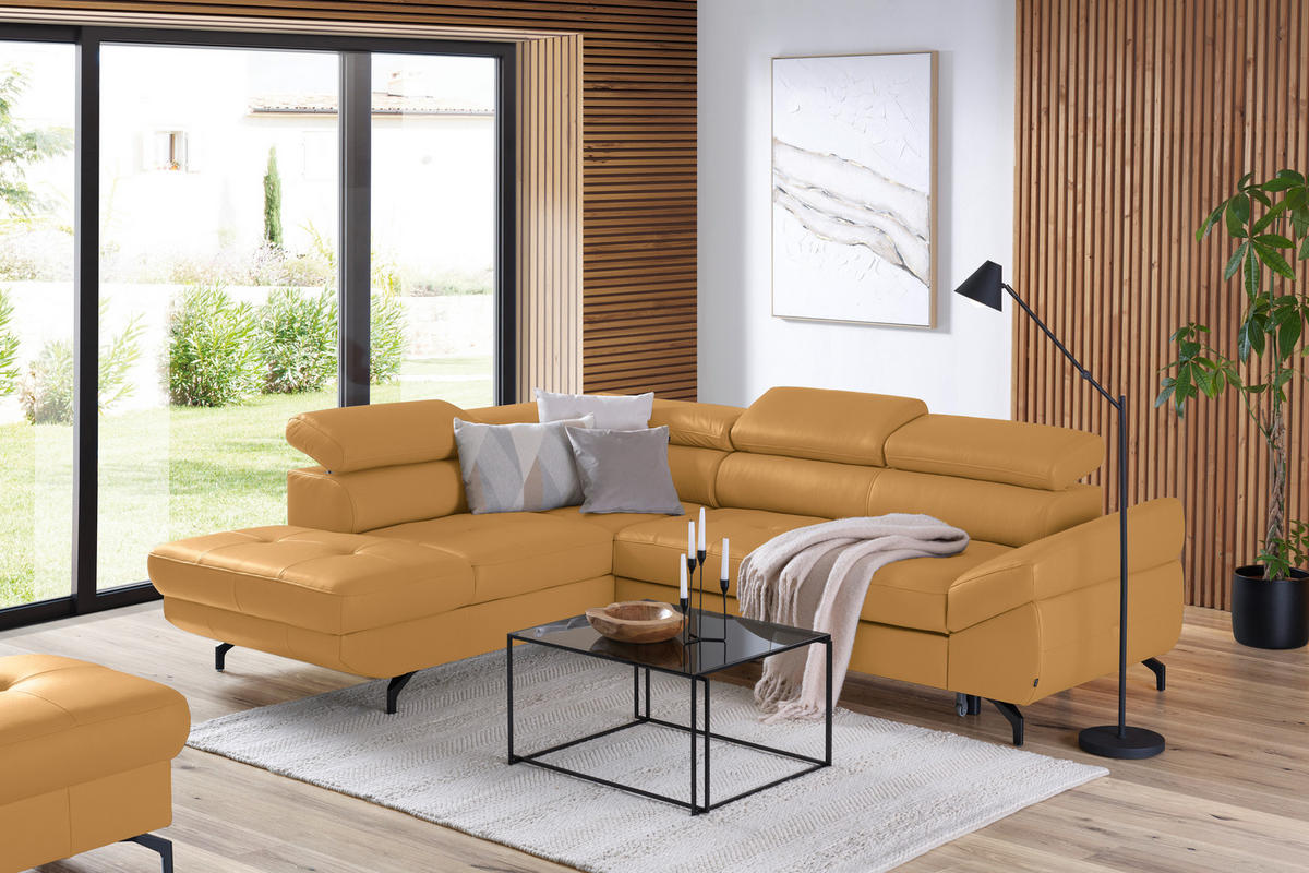 ECKSOFA in Echtleder Senfgelb  - Senfgelb/Schwarz, Design, Leder/Metall (220/270cm) - Novel