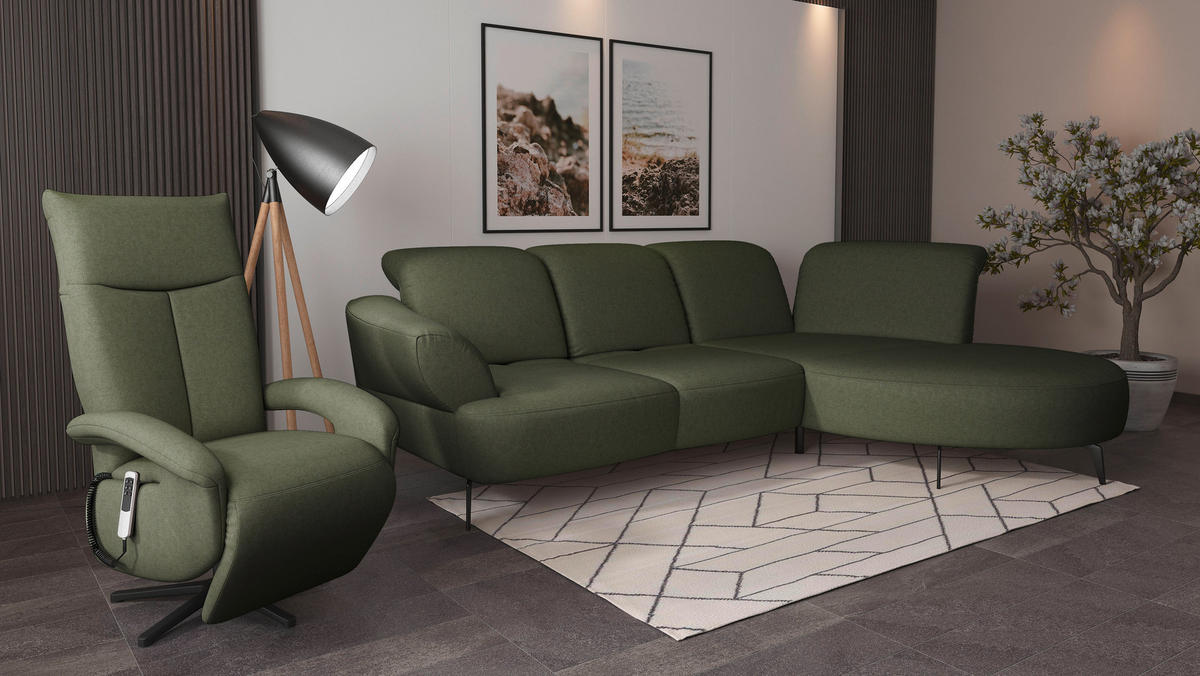 ECKSOFA DANCE E Olivgrün Flachgewebe  - Schwarz/Olivgrün, MODERN, Textil/Metall (313/208cm) - Sit & More