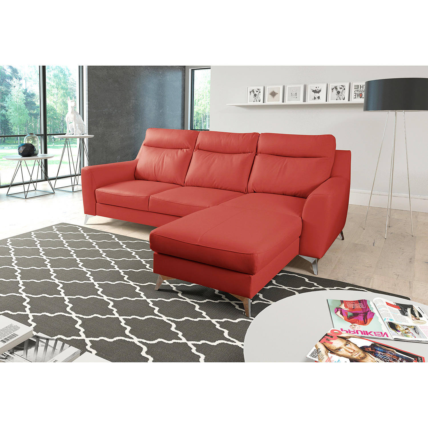 ECKSOFA Lederlook Echtleder Rot  - Chromfarben/Rot, Design, Leder/Textil (236/168cm) - Livetastic
