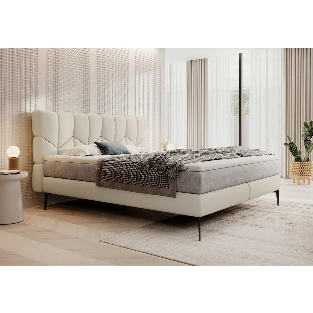 Thumbnail - Esposa Boxspringbett, Creme, Textil, Kombination Echtleder/Stoff,Echtleder, Rindleder, H2 + H3, 7-Zonen, Höhe ca. 17,5 c...