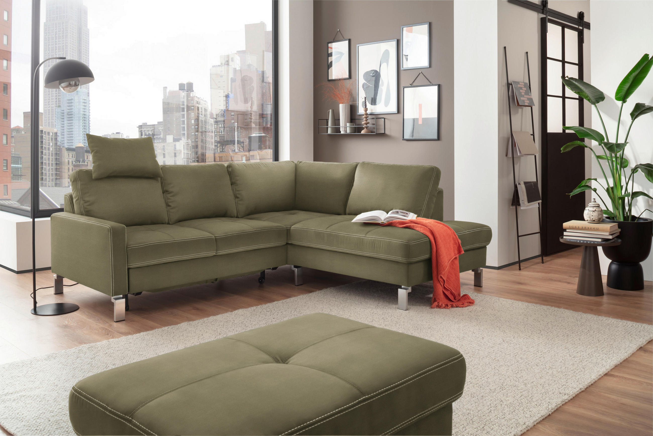 ECKSOFA in Mikrofaser Olivgrün  229/200 cm  - Chromfarben/Beige, Design, Textil/Metall (229/200cm) - Pure Home Lifestyle