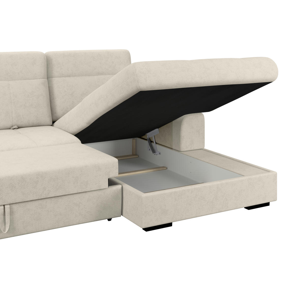 ECKSOFA Hellgrau Chenille Rücken echt, Kopfteilverstellung  - Hellgrau/Schwarz, KONVENTIONELL, Holz/Textil (286/203cm) - MID.YOU