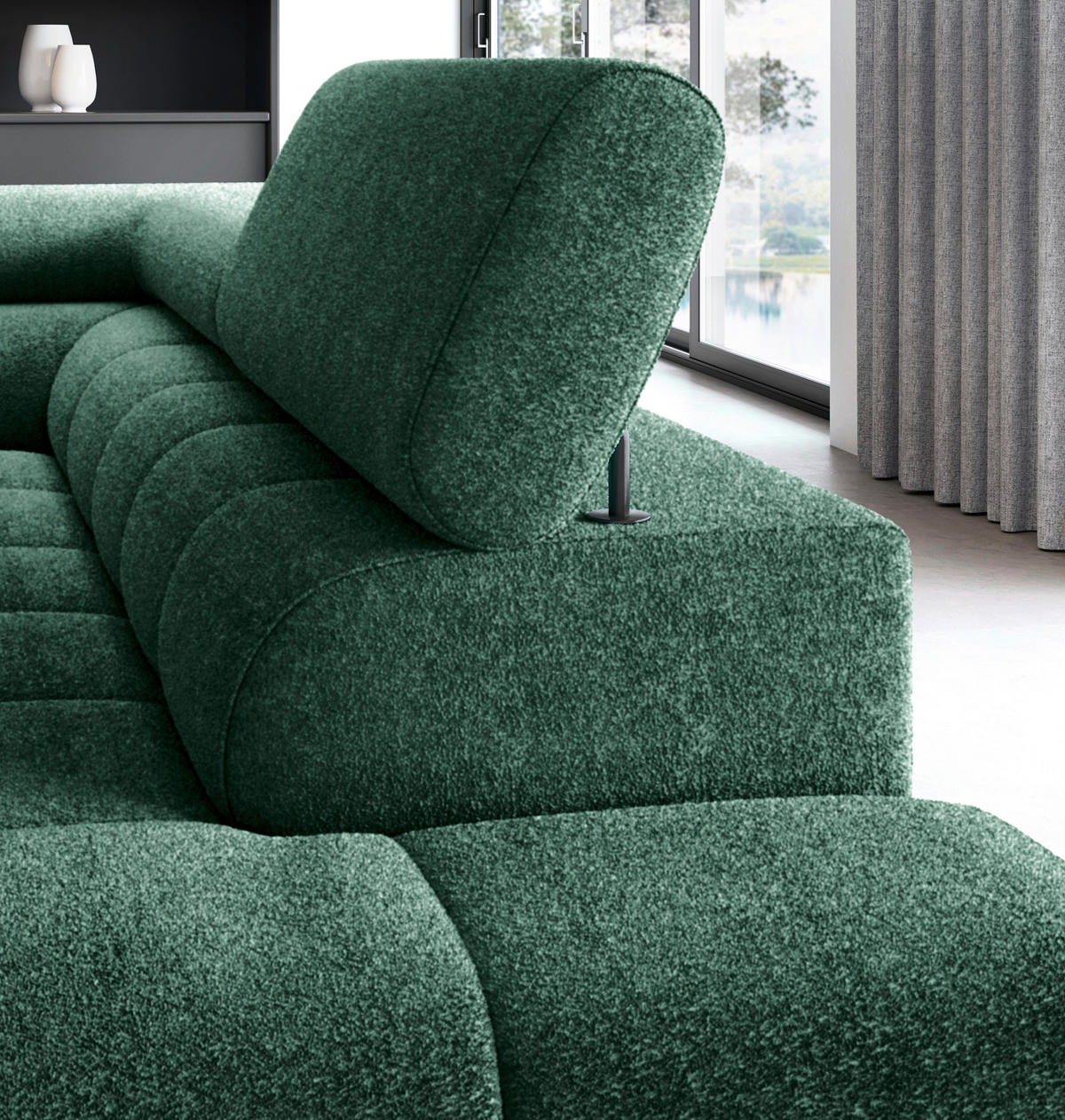 ECKSOFA FERUCCE Dunkelgrün Teddystoff Bettkasten, Kopfteilverstellung  - Dunkelgrün/Schwarz, Design, Textil/Metall (276/200cm) - MID.YOU