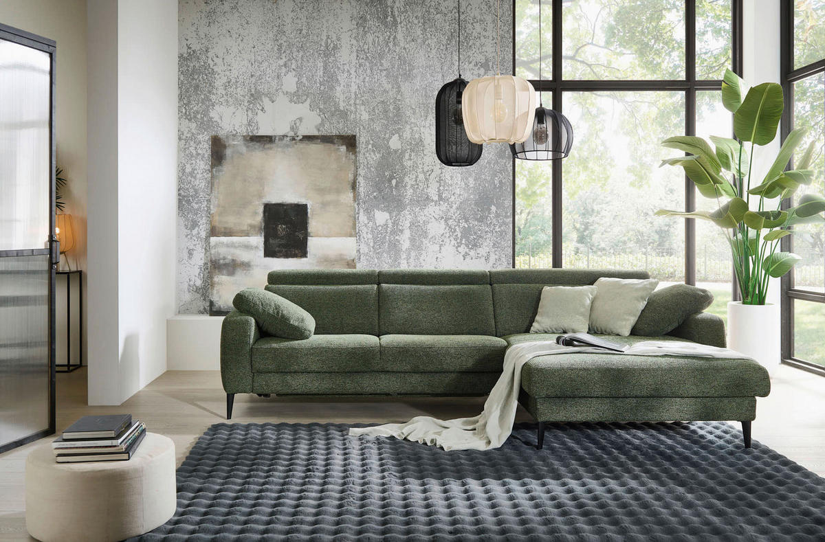 ECKSOFA Grün Chenille  - Schwarz/Grün, KONVENTIONELL, Textil/Metall (300/177cm) - Valdera