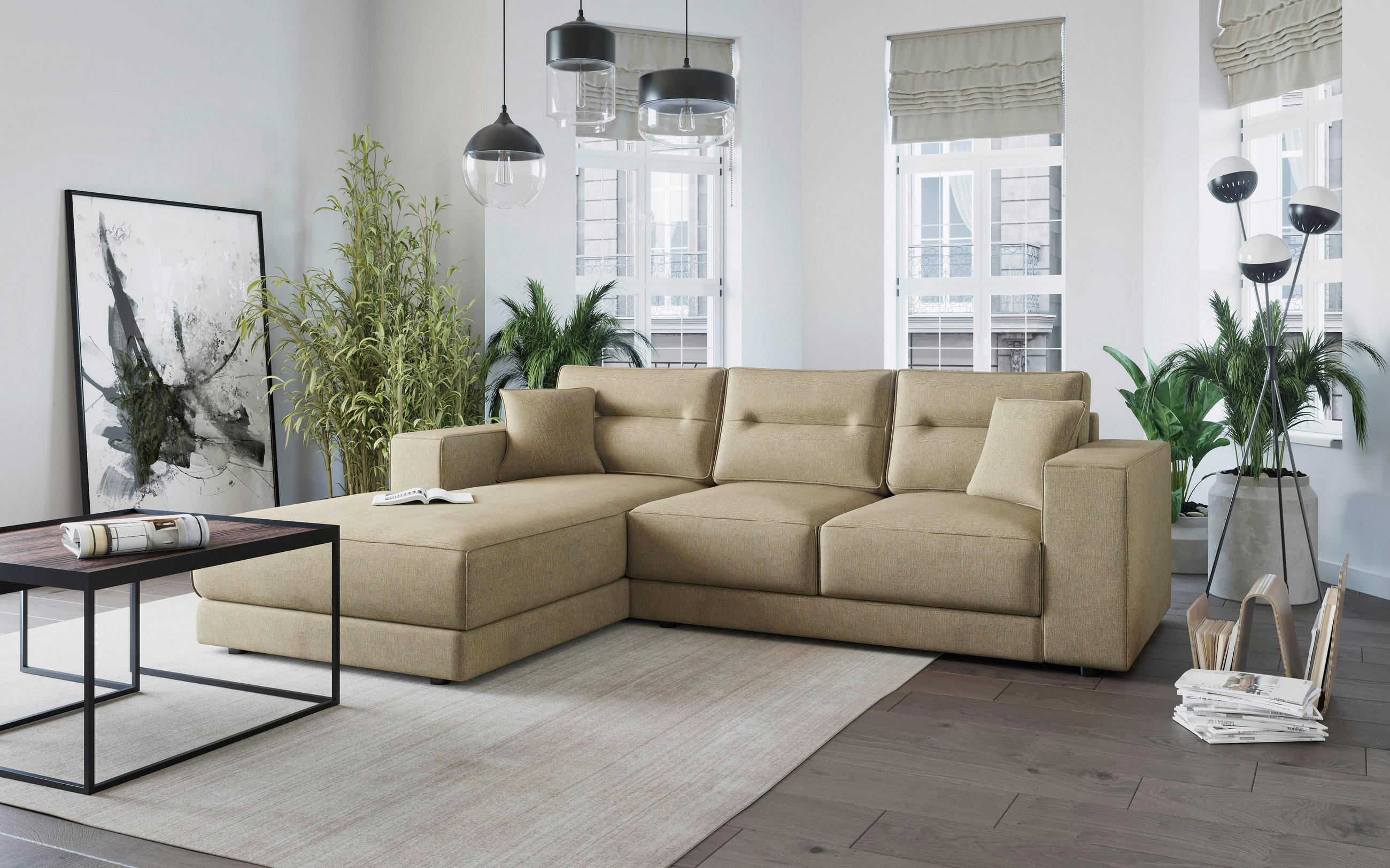 ECKSOFA Champagner Flachgewebe  - Champagner, Design, Kunststoff/Textil (195/272cm) - Livetastic