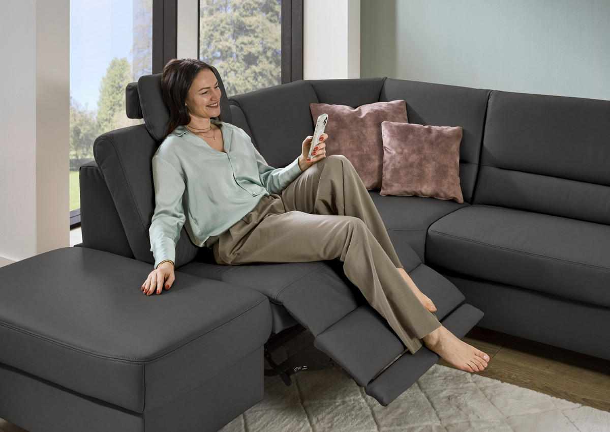 ECKSOFA  in Echtleder Dunkelgrau  249/290 cm  - Dunkelgrau/Schwarz, KONVENTIONELL, Leder/Metall (249/290cm) - Beldomo Premium