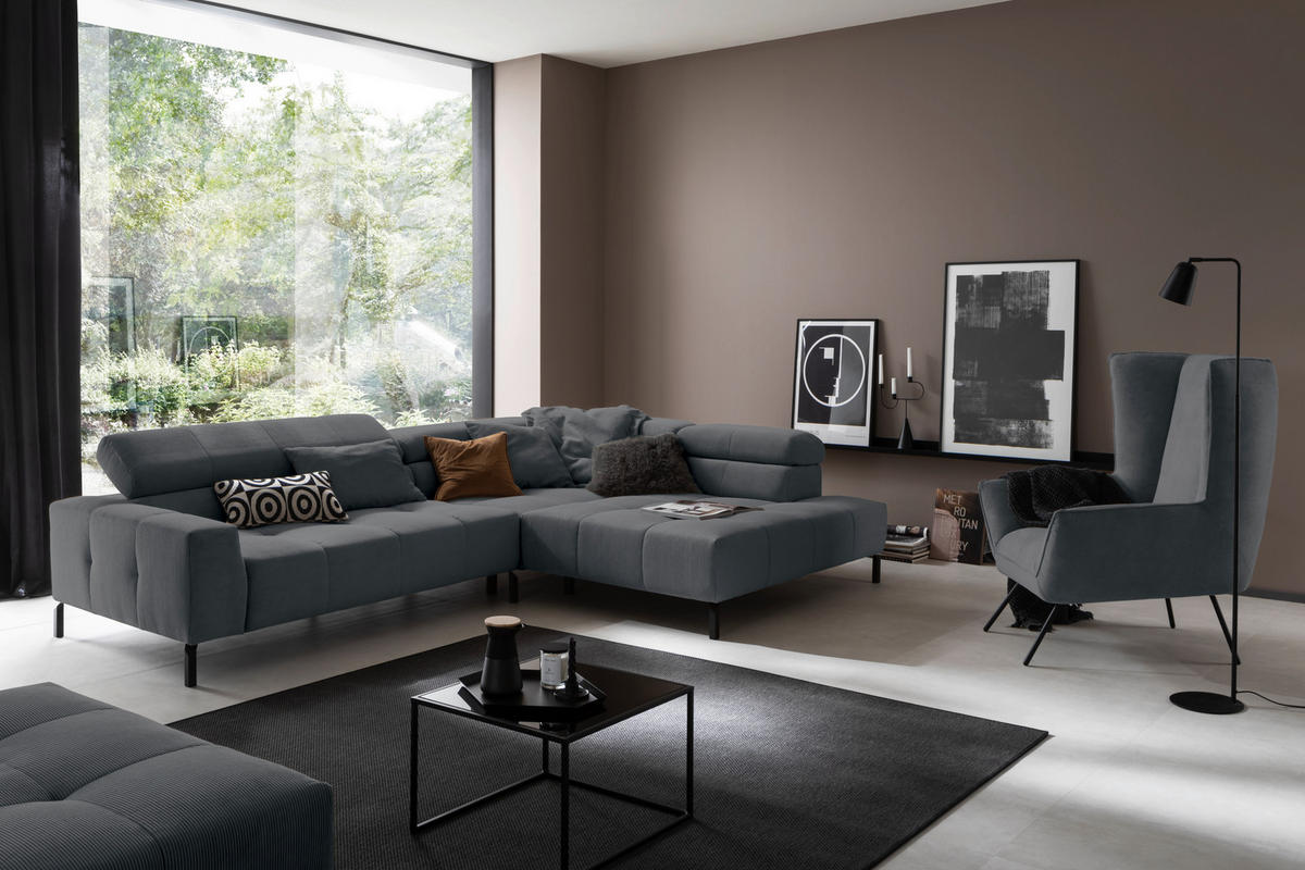 ECKSOFA in Feincord Anthrazit  - Anthrazit/Schwarz, Konventionell, Textil/Metall (311/219cm) - Hom`in