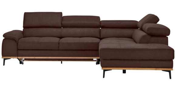 ECKSOFA inkl.Funktionen Mokka Lederlook Bettkasten, Schlaffunktion, Kopfteilverstellung  - Schwarz/Mokka, Natur, Holz/Textil (282/226cm) - Novel