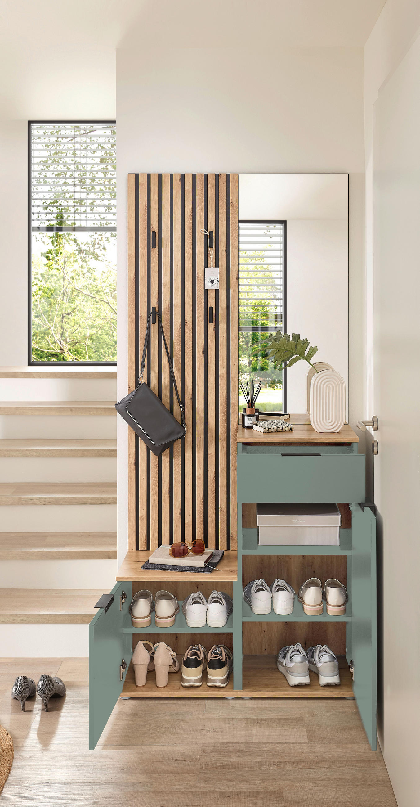 GARDEROBE 4-teilig  in 88/195/35 cm  - Salbeigrün/Eiche Artisan, Design, Glas/Holzwerkstoff (88/195/35cm) - Xora