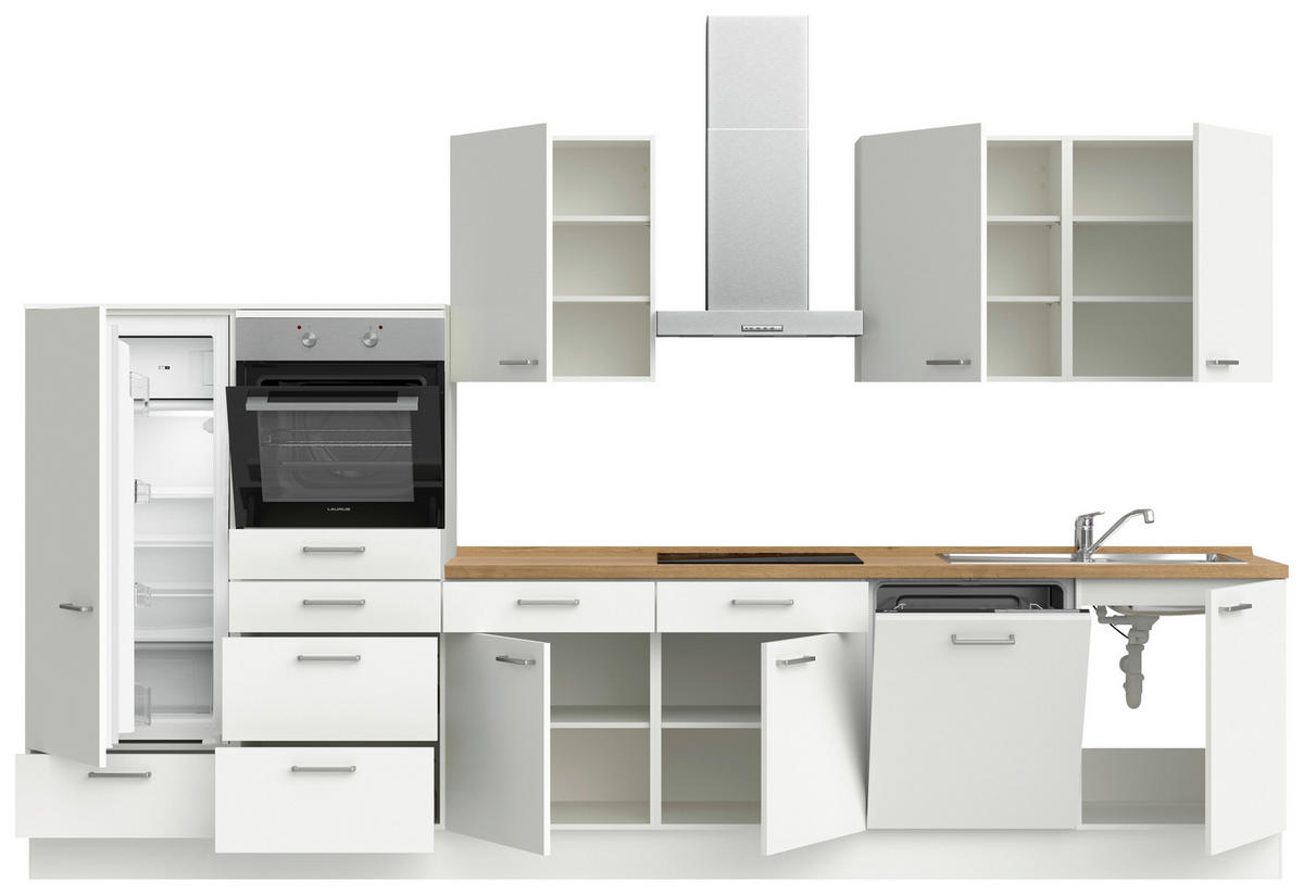 KÜCHENBLOCK 360 cm   in Weiß, Eichefarben  - Edelstahlfarben/Eichefarben, MODERN, Holzwerkstoff/Metall (360cm) - Nobilia