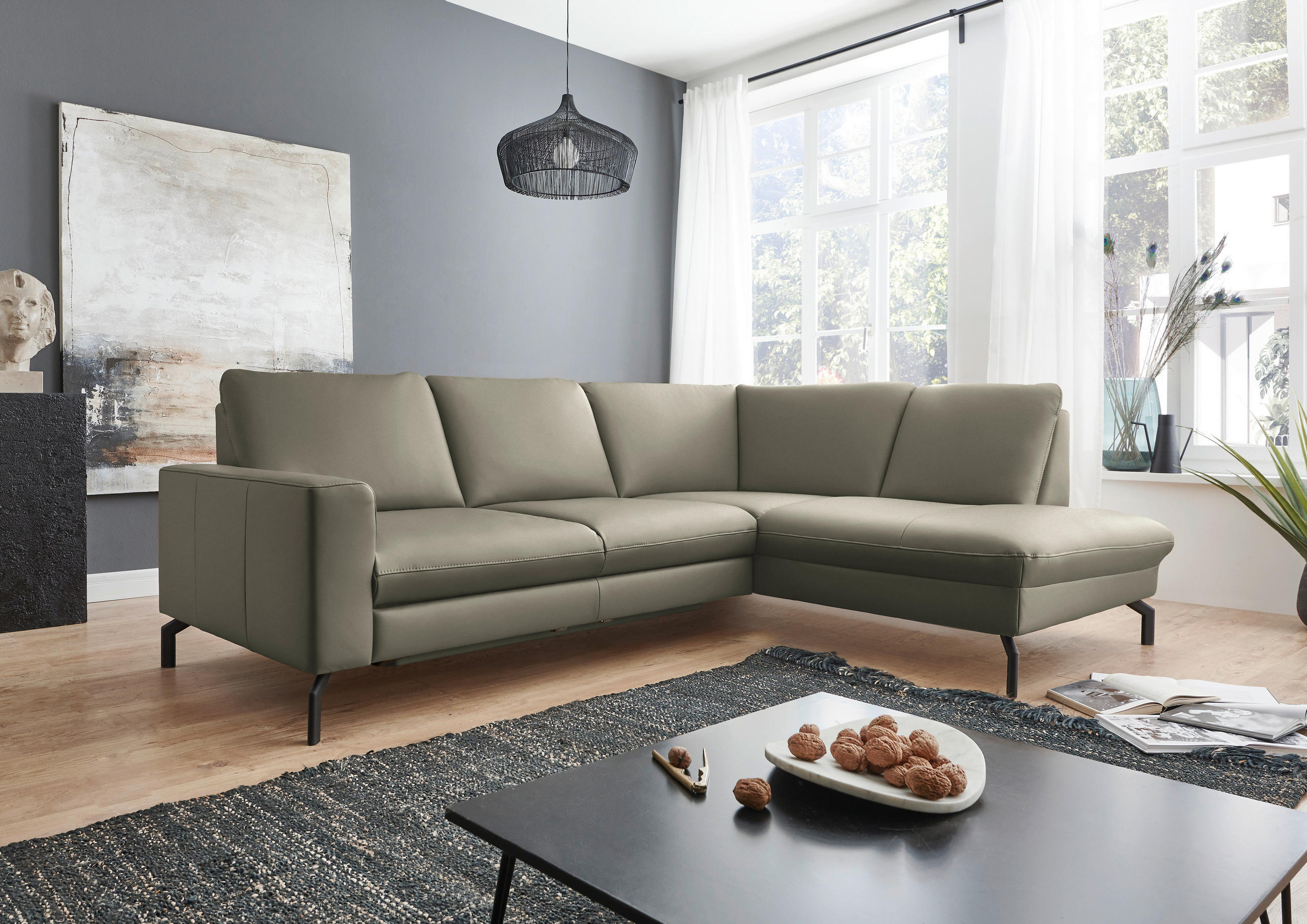 ECKSOFA in Echtleder Hellgrau  250/194 cm  - Hellgrau/Schwarz, Design, Leder/Metall (250/194cm) - Beldomo Premium