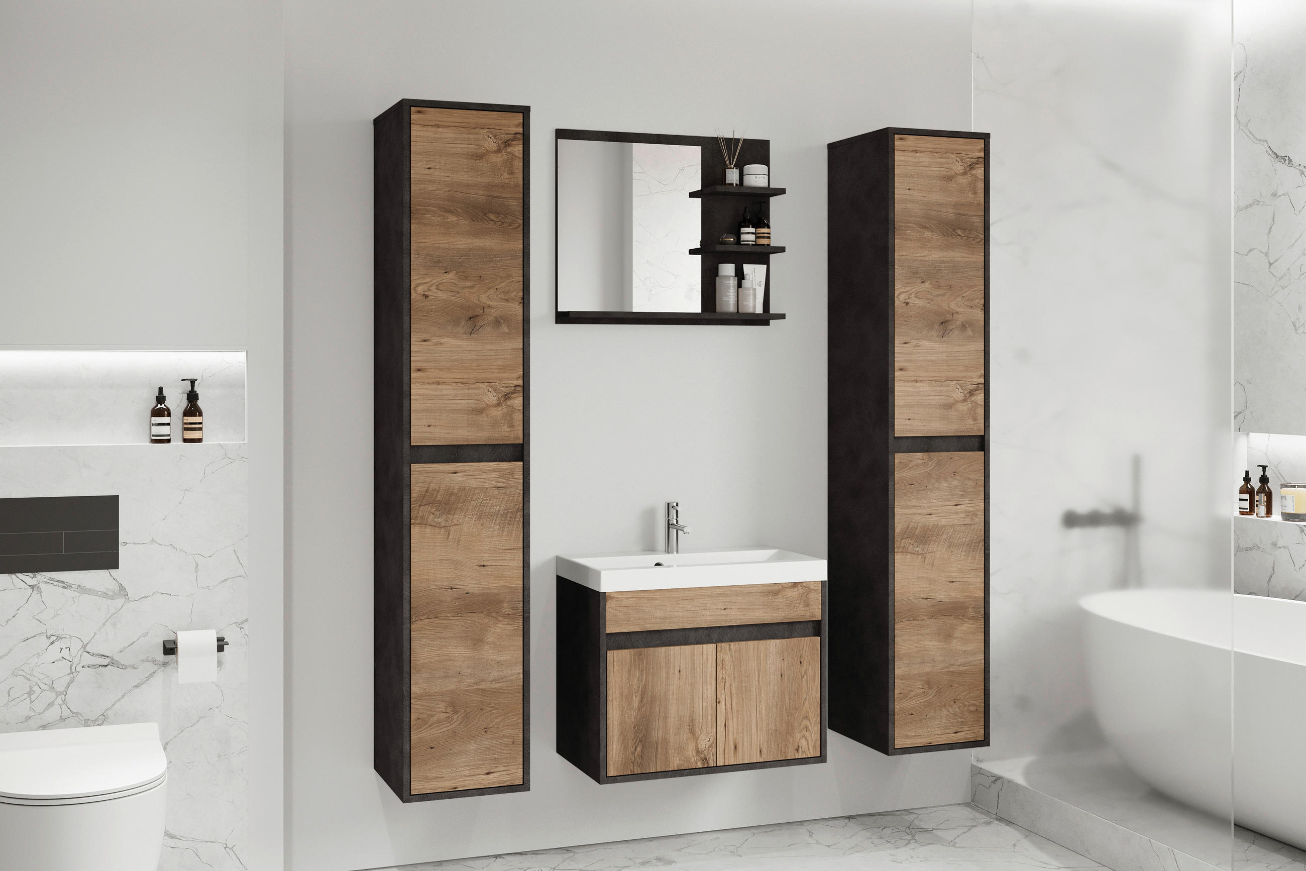 BADEZIMMER 5-teilig  in 120,4 cm  - Kastanienfarben/Anthrazit, LIFESTYLE, Keramik/Holzwerkstoff (120,4cm) - P & B