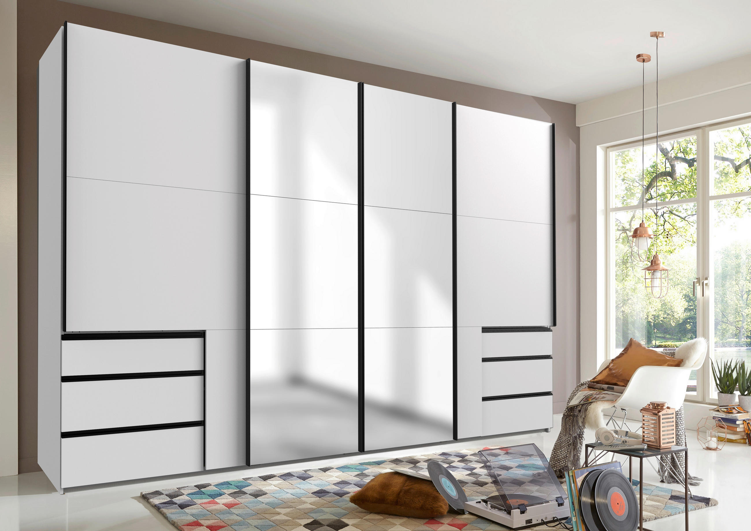 SCHWEBETÜRENSCHRANK 350/216/65 cm 4-türig Weiß  - Schwarz/Weiß, Basics, Glas/Holzwerkstoff (350/216/65cm) - MID.YOU