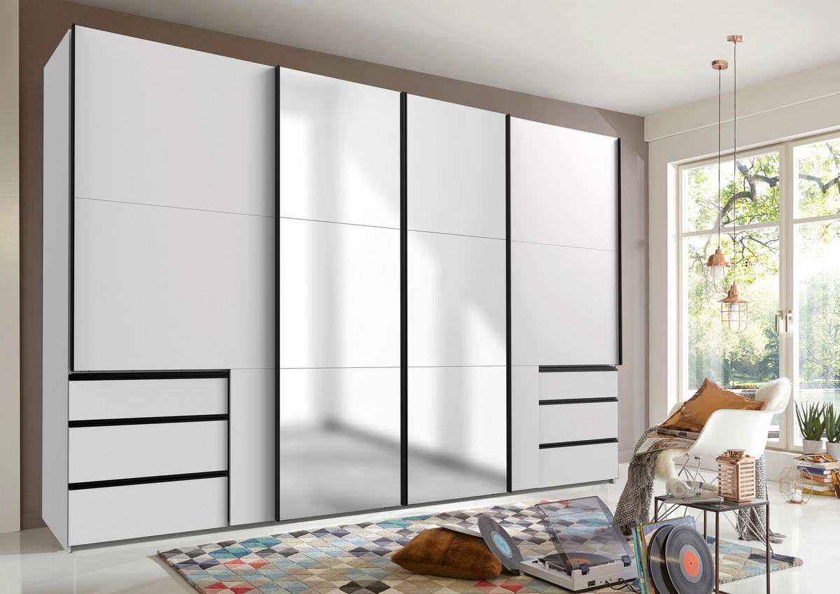 SCHWEBETÜRENSCHRANK 350/216/65 cm 4-türig Weiß  - Schwarz/Weiß, Basics, Glas/Holzwerkstoff (350/216/65cm) - MID.YOU