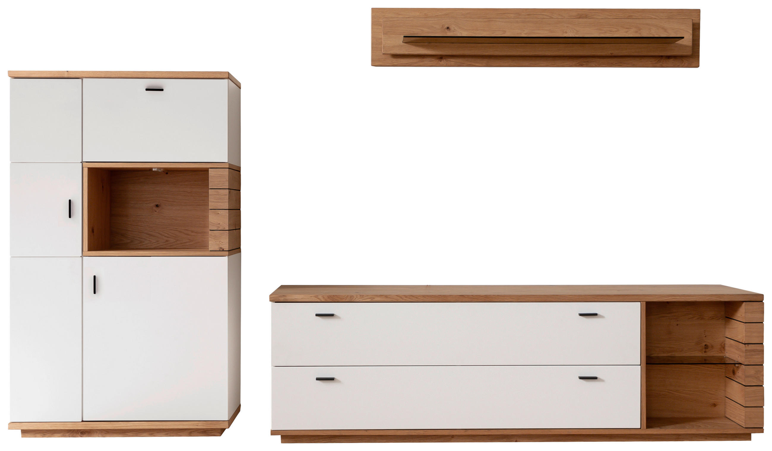 WOHNWAND 3-teilig  in Weiss, Wildeiche 315/181/50 cm  - Wildeiche/Weiss, Design, Glas/Holz (315/181/50cm) - Novel