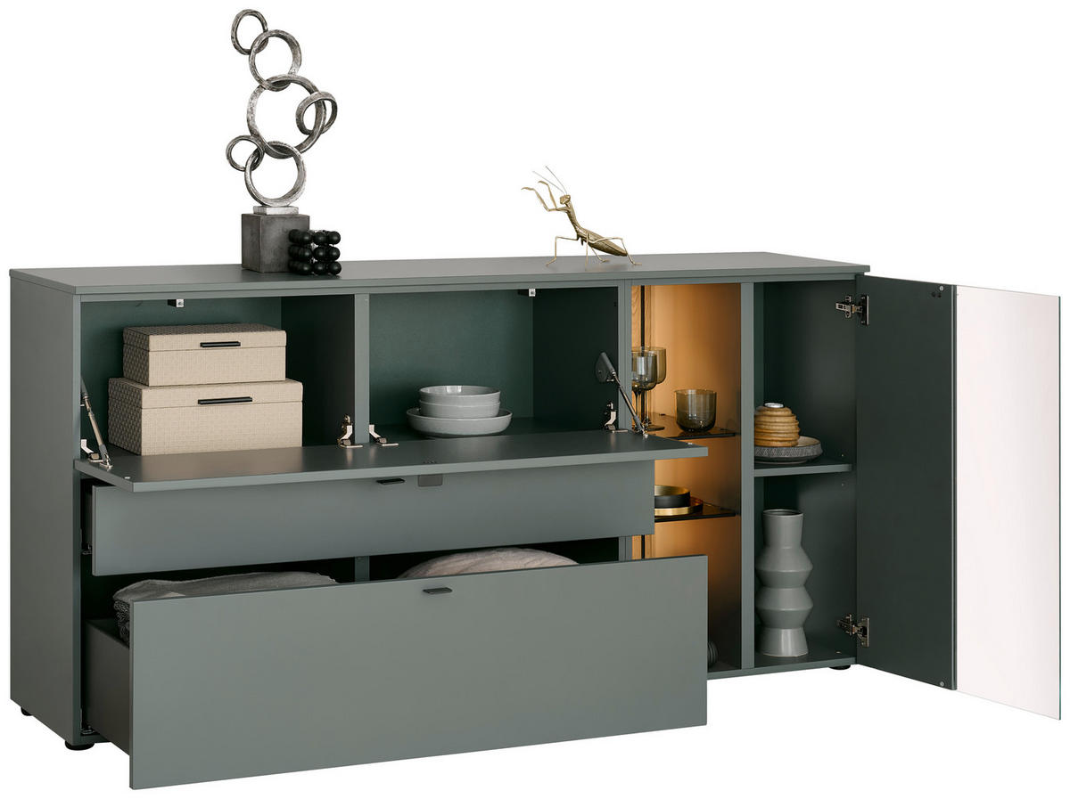 SIDEBOARD Grün, Eichefarben  180/89/43 cm  - Eichefarben/Anthrazit, Design, Glas/Holz (180/89/43cm) - Venjakob