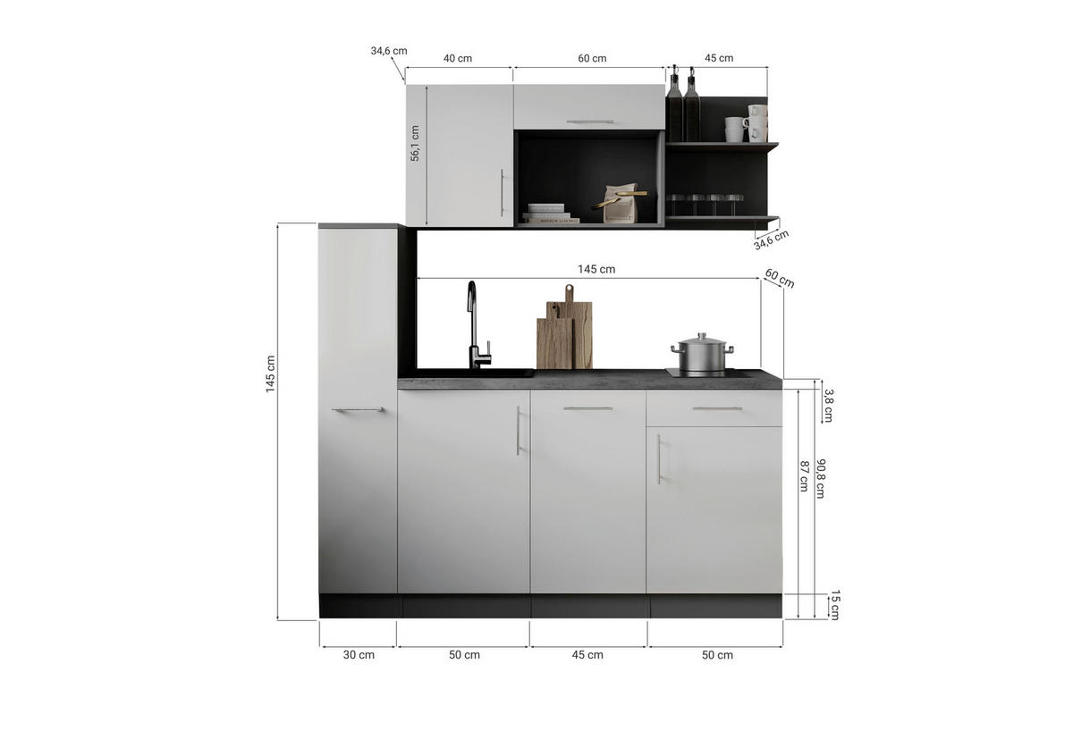 KUHINJSKI BLOK  bijela  - bijela/siva, Trend, drvni materijal/metal (175cm) - Respekta