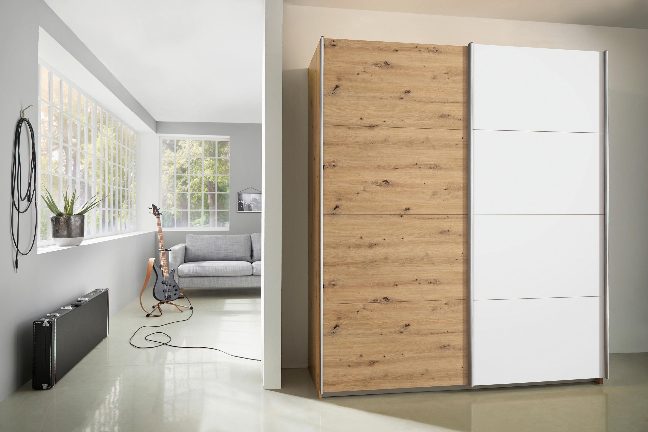 SCHWEBETÜRENSCHRANK 181/197/61 cm Weiß, Eiche Artisan - Alufarben/Eiche Artisan, MODERN, Holzwerkstoff/Metall (181/197/61cm) - Rauch Möbel