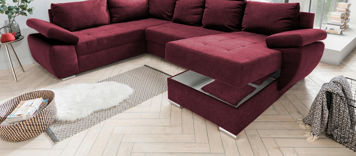 WOHNLANDSCHAFT Beere Mikrofaser  - Chromfarben/Beere, KONVENTIONELL (219/305/157cm) - Livetastic