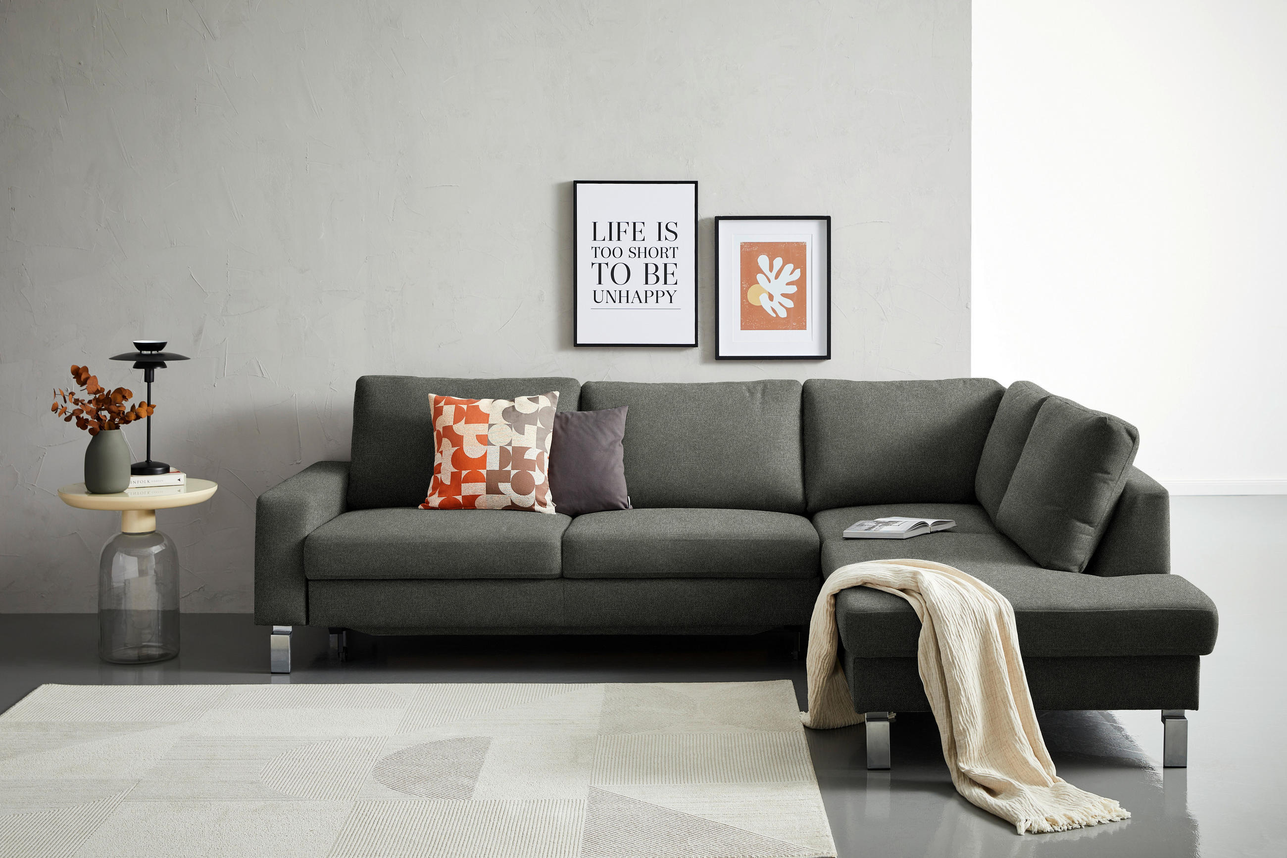 ECKSOFA in Flachgewebe Grau  - Chromfarben/Grau, Design, Textil/Metall (276/200cm) - Hom`in
