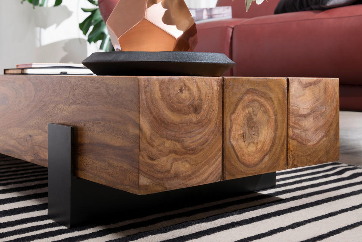 COUCHTISCH Sheesham massiv 115/44/22 cm rechteckig Sheeshamfarben  - Sheeshamfarben/Schwarz, Design, Holz/Metall (115/44/22cm) - MID.YOU