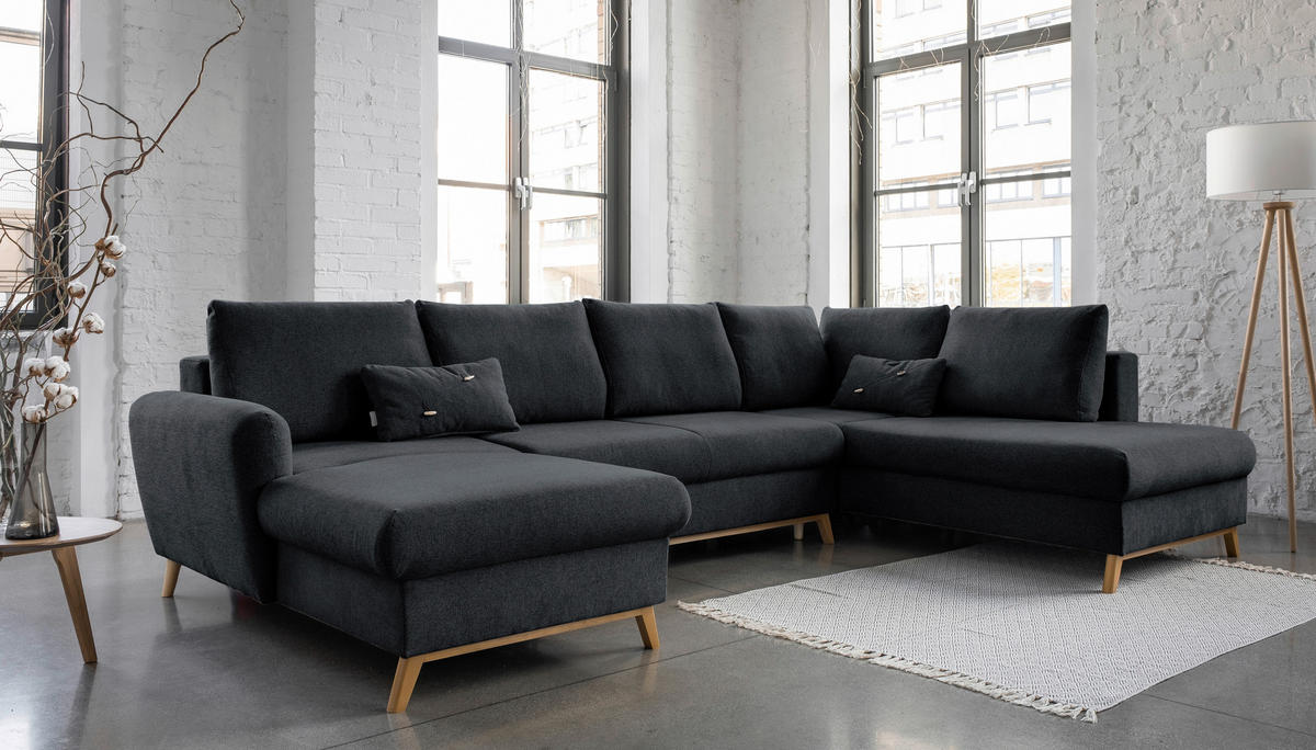 WOHNLANDSCHAFT in Chenille Dunkelgrau  - Dunkelgrau/Naturfarben, Holz/Textil (157/312/202cm) - MID.YOU