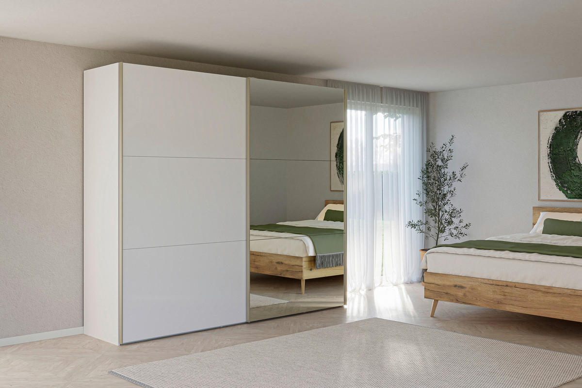 SCHWEBETÜRENSCHRANK 253/220/65 cm 2-türig Weiß  - Edelstahlfarben/Weiß, Design, Glas/Holzwerkstoff (253/220/65cm) - Jutzler