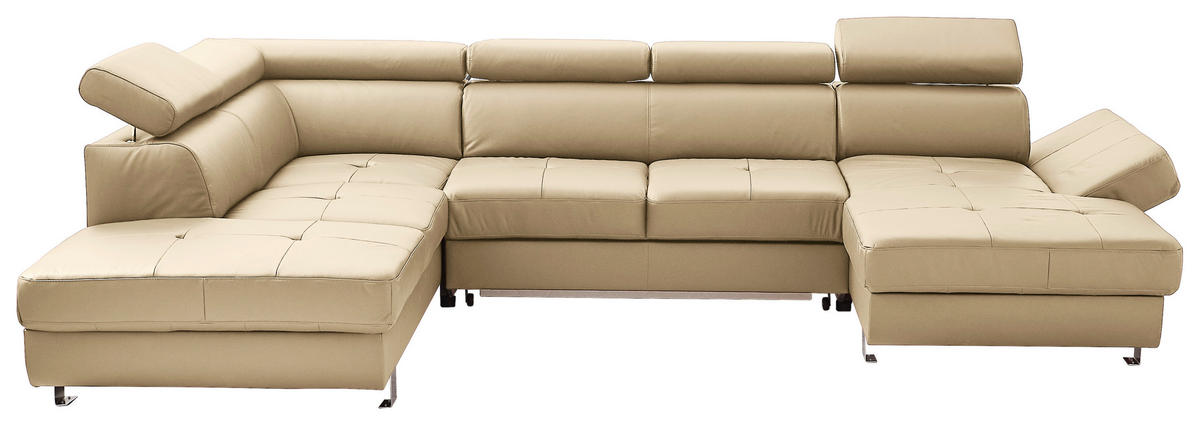 WOHNLANDSCHAFT Ecru Kombination Echtleder/Lederlook Lederlook  - Chromfarben/Ecru, Design, Leder/Textil (212/327/157cm) - Stylife