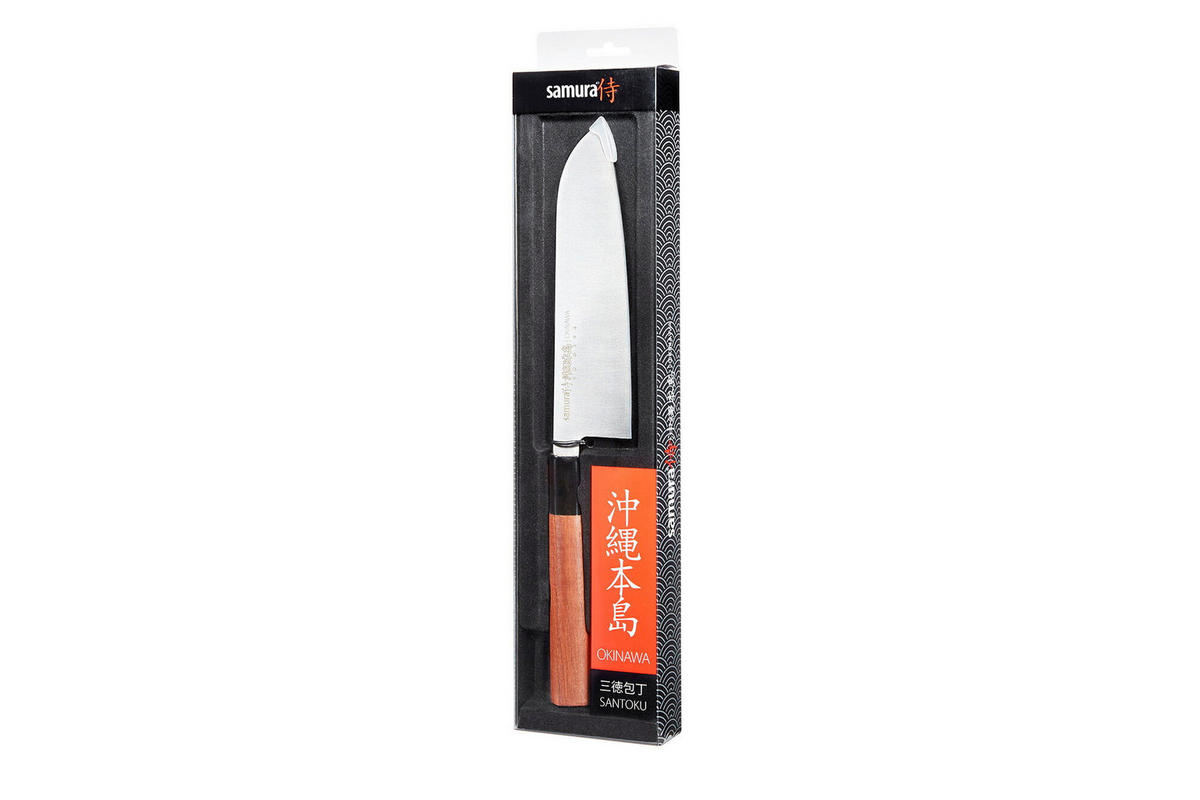 NOŽ SANTOKU  OKINAWA 32,3/5,7/2,2 cm           nerjaveče jeklo - srebrne barve/rjava, Basics, kovina/leseni material (32,3/5,7/2,2cm) - Samura