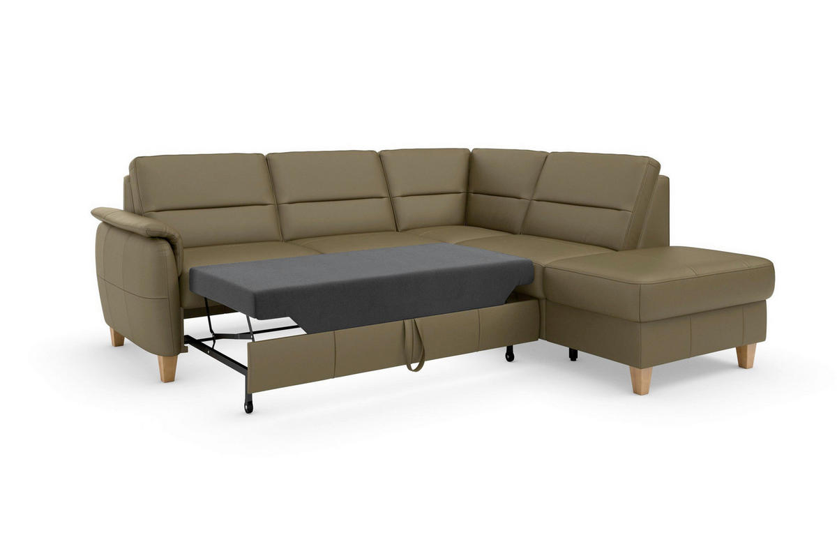 ECKSOFA PALMERA E Olivgrün Kombination Echtleder/Stoff Mikrofaser Stauraum  - Eichefarben/Olivgrün, Basics, Leder/Holz (236/212cm) - Sit & More