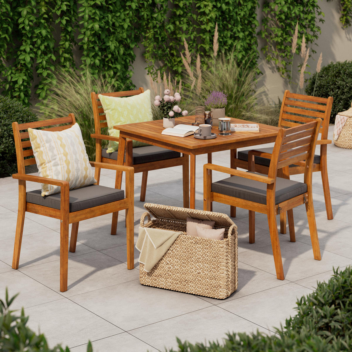 GARTENTISCHGRUPPE  - Anthrazit/Teakfarben, MODERN, Holz/Textil (90/65/75/82/90/62cm) - Ambia Garden