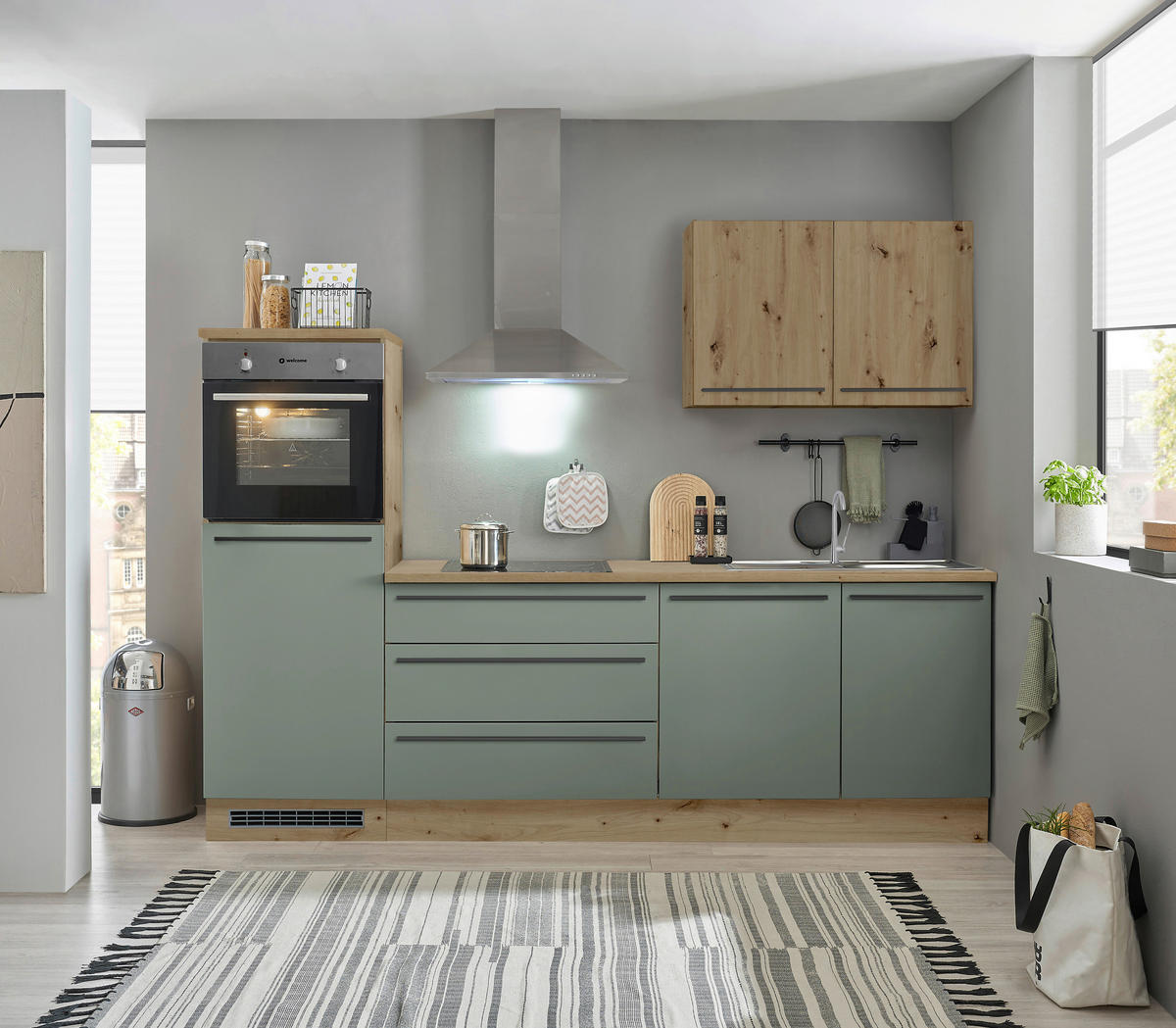 KÜCHENBLOCK 260 cm   in Grün, Eiche Artisan  - Schwarz/Eiche Artisan, Basics, Holzwerkstoff/Kunststoff (260cm) - MID.YOU