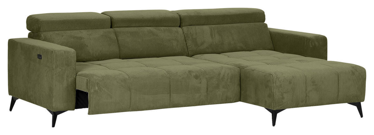 ECKSOFA Dunkelgrün Cord Rücken echt, Kopfteilverstellung, Sitzvorzug  - Dunkelgrün/Schwarz, KONVENTIONELL, Textil/Metall (257/170cm) - Carryhome