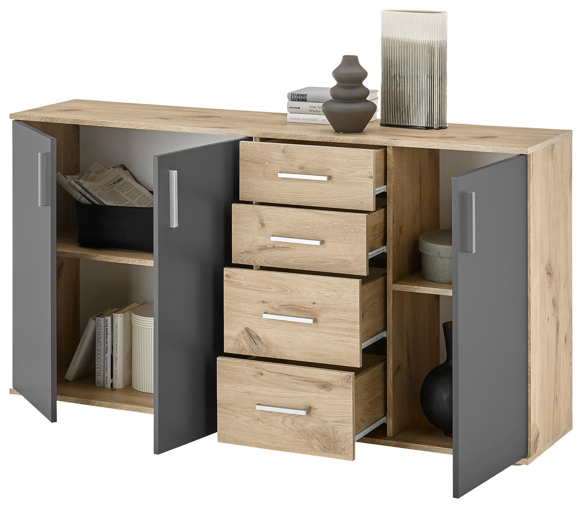 Sideboard Basel 160/84/35 cm  in Grau, Eichefarben  - Eichefarben/Silberfarben, Design, Holzwerkstoff/Kunststoff (160/84/35cm) - MID.YOU
